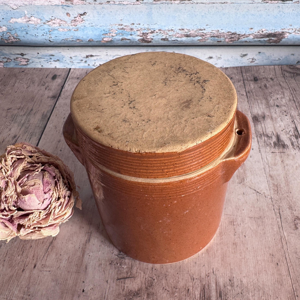 French Vintage Glazed Lidded Confit Jar, Vintage Storage, Stoneware Pot – detail 2