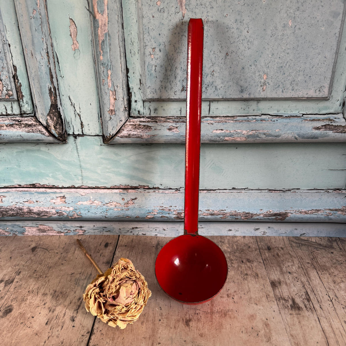 French Vintage Red Enamel Hanging Ladle, Vintage Cookware, Kitchenalia