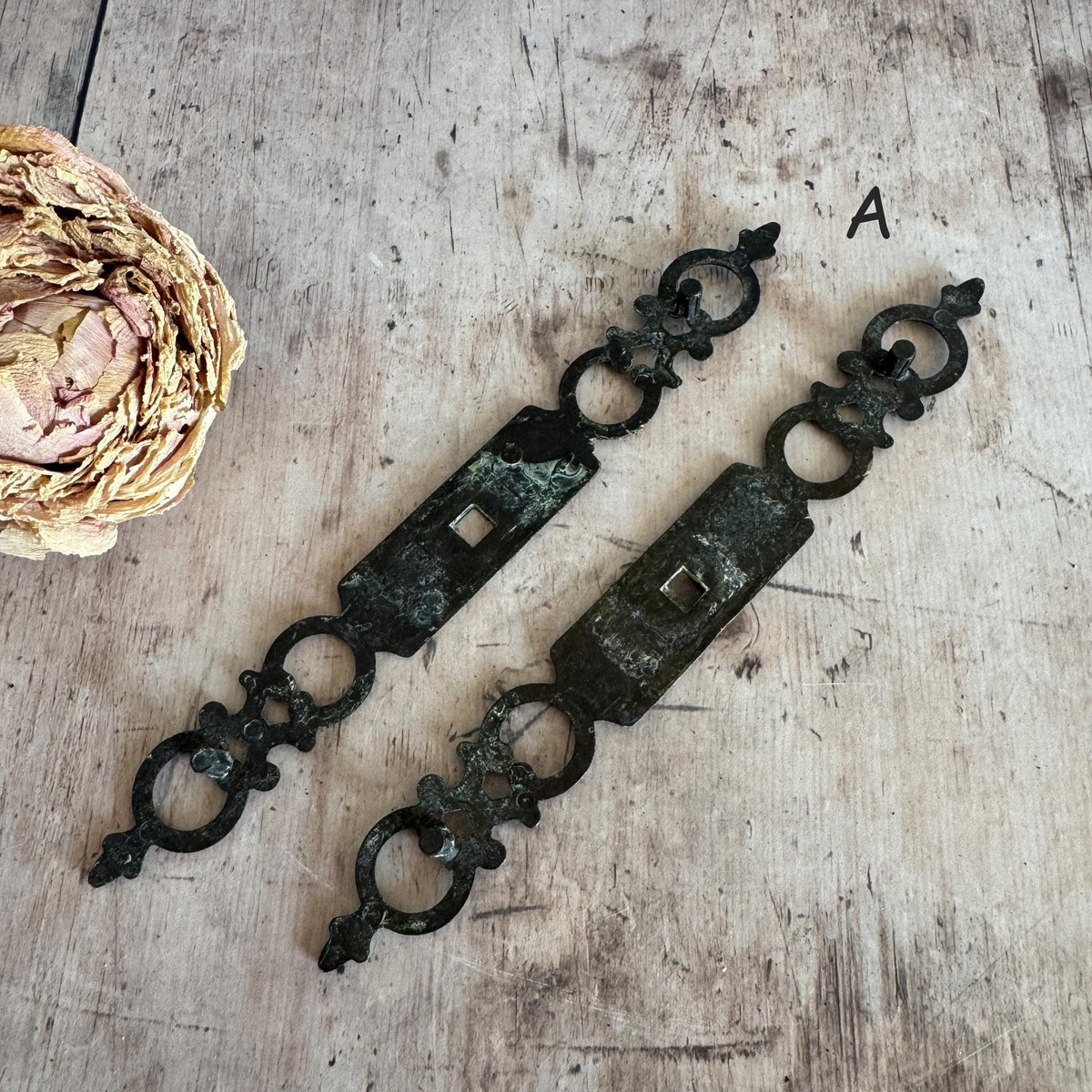 Pair of French Vintage Brass Escutcheons, Vintage Keyhole Covers – detail 4