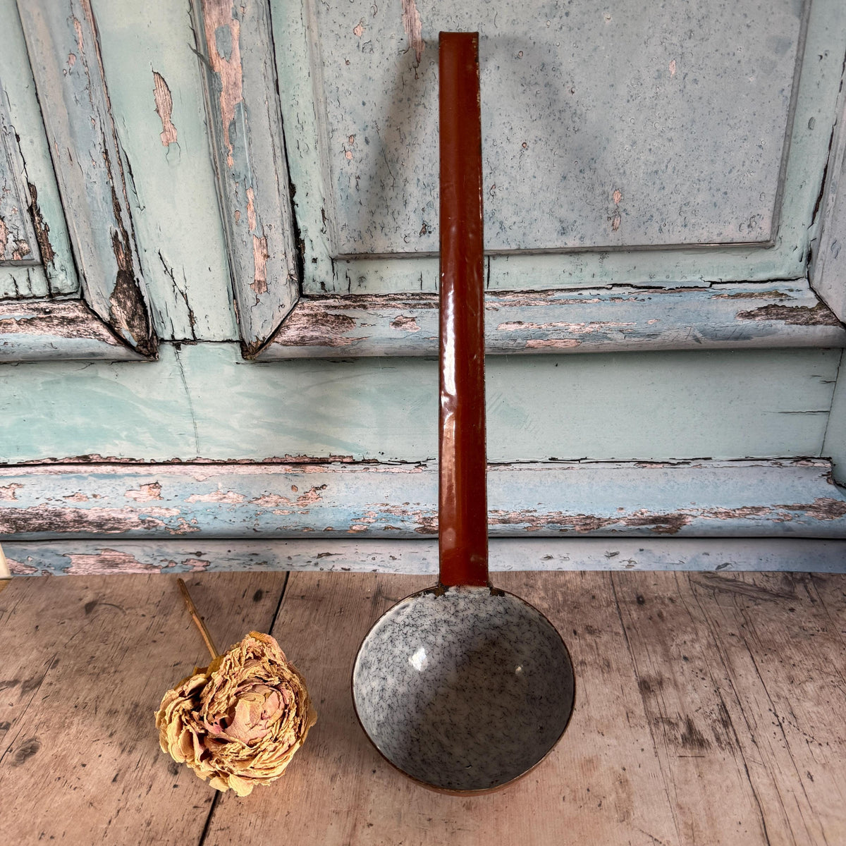 French Vintage Brown Enamel Hanging Ladle, Vintage Cookware, Kitchenalia