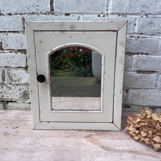 Vintage White Metal Bathroom Cabinet with Mirrored Door, Shelf Storage