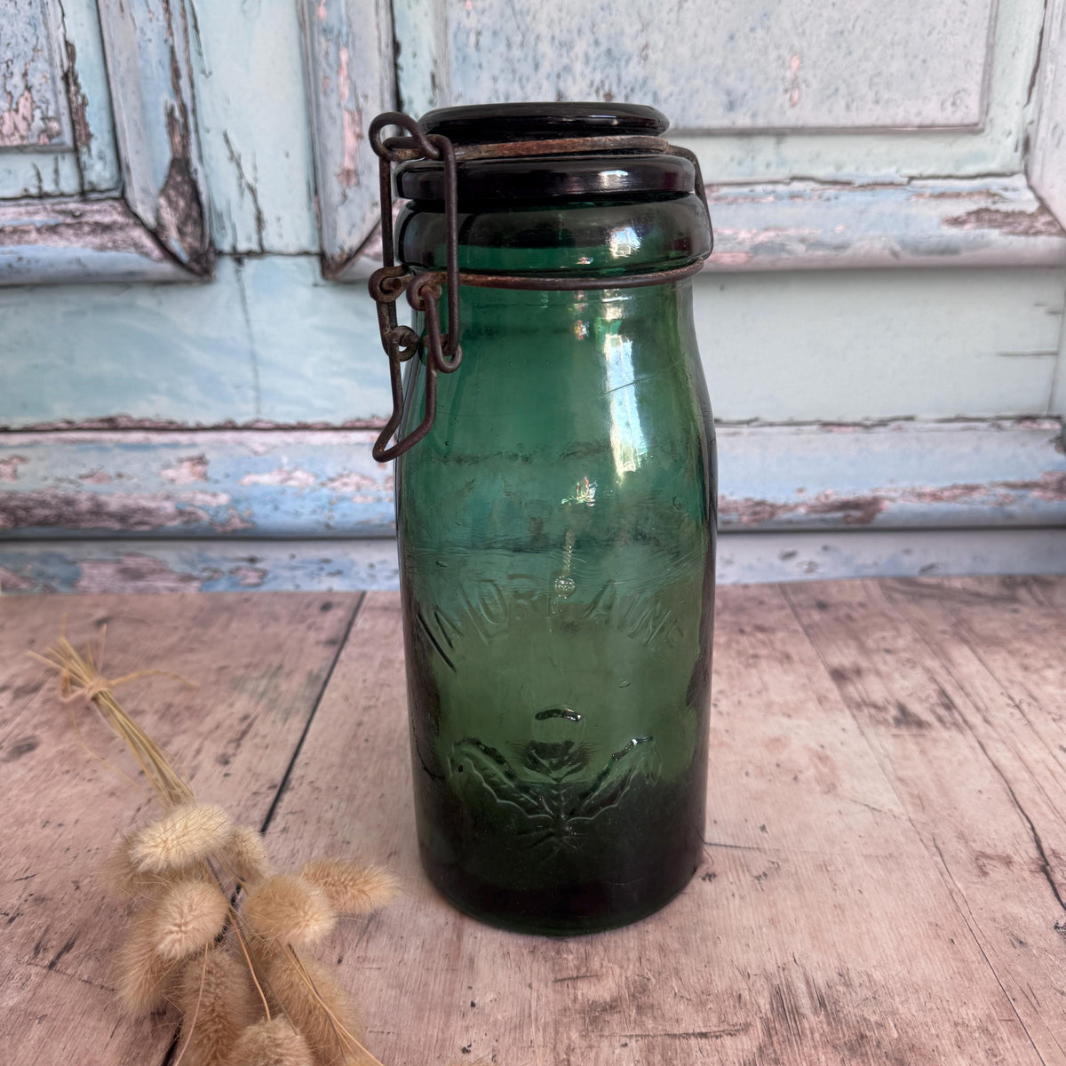 French Vintage Green Glass Preserving Jar, Vintage Storage, Kitchenalia