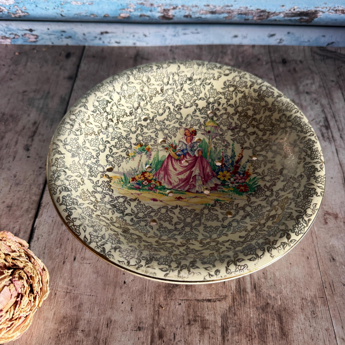 Vintage Earthenware Crinoline Lady Strainer Bowl, English China, Vintage Home